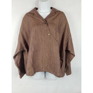 EUC Susans Women's Brown Blouse Size S Cross Button Down 100% Linen Collared
